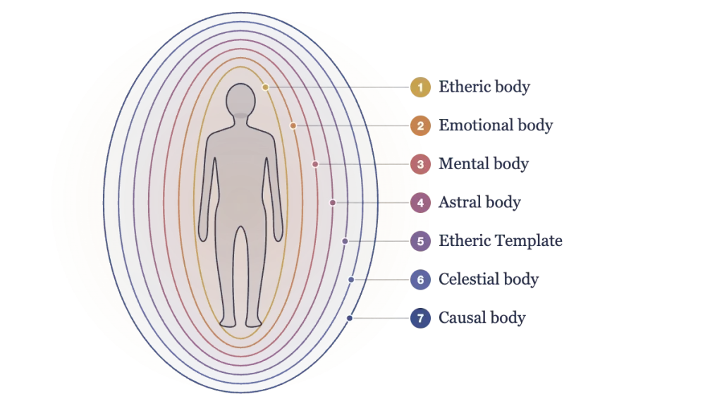 The seven layers of the aura around a human figure: etheric body, emotional body, mental body, astral body, etheric template, celestial body and causal body