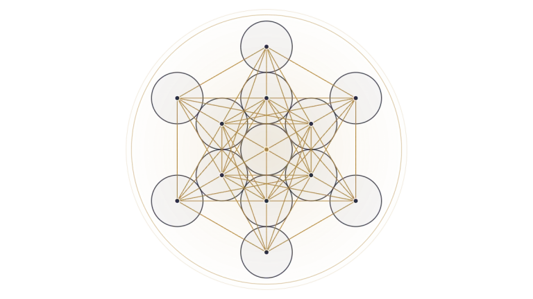 Metatron's Cube: thirteen circles joined by straight lines, containing the Platonic solids